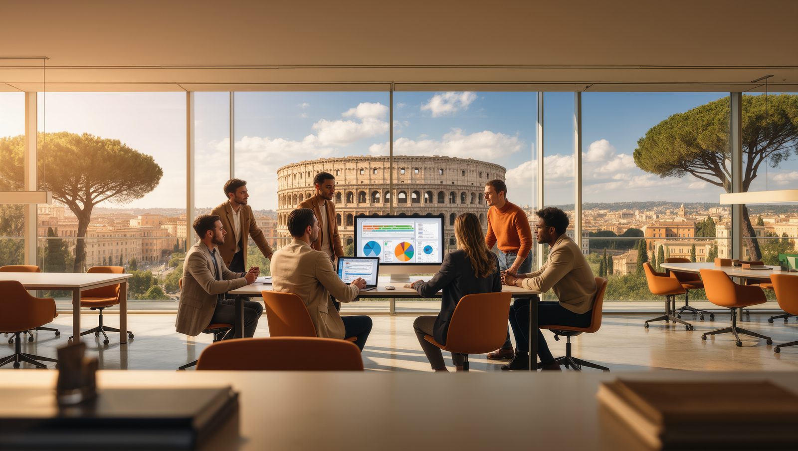 Il team al lavoro in un open space luminoso, con il Palazzo della Civiltà Italiana di Roma EUR oltre le vetrate